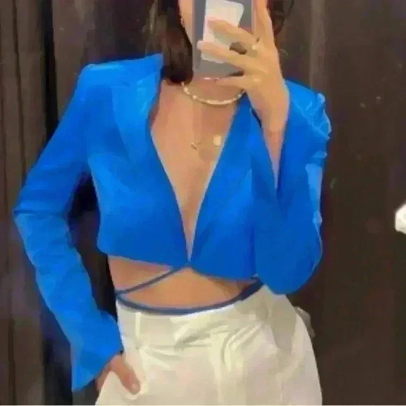 ZARA blue satin cropped wrap blazer sz small S - Picture 1 of 9